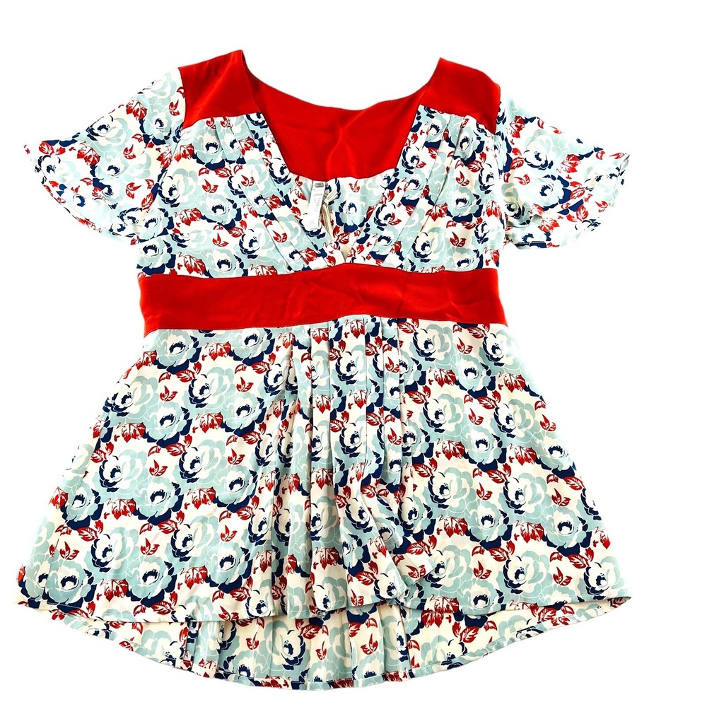 Fossil Women's Blouse size XL Short Sleeves Blue Red Floral 100% Silk NWT